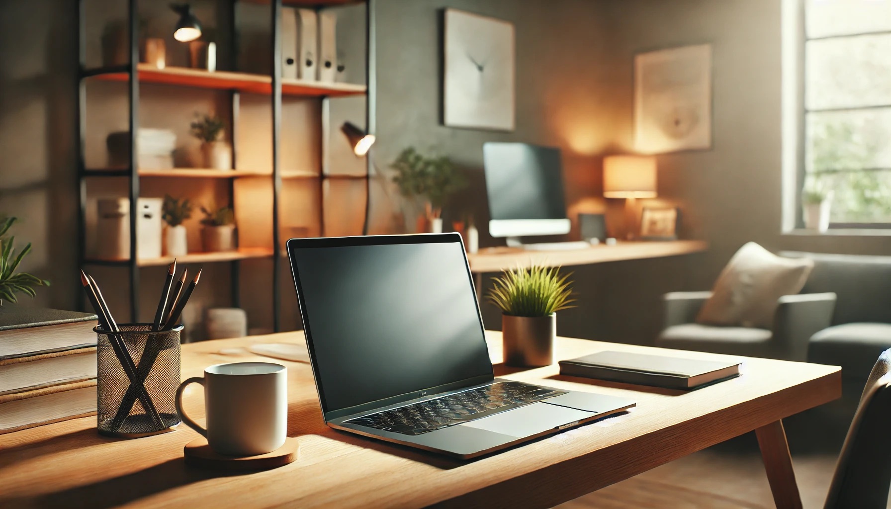 A modern, minimalist workspace featuring a sleek laptop on a wooden desk in a cozy, well-lit home office. The setting includes a cup of coffee, a potted plant, and warm ambient lighting, evoking a sense of focus, productivity, and creativity.