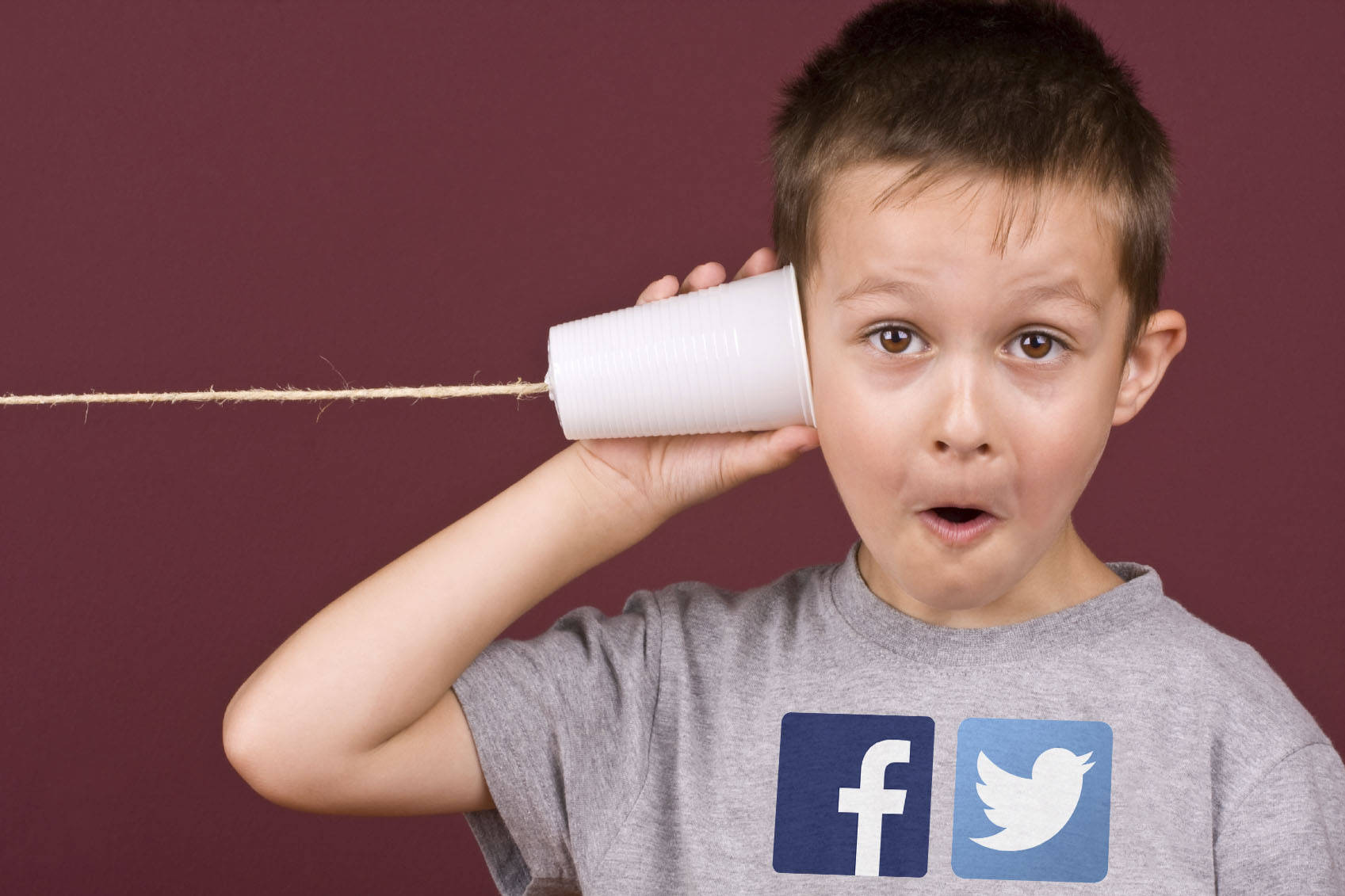 kid listening with cup as facebook and twitter